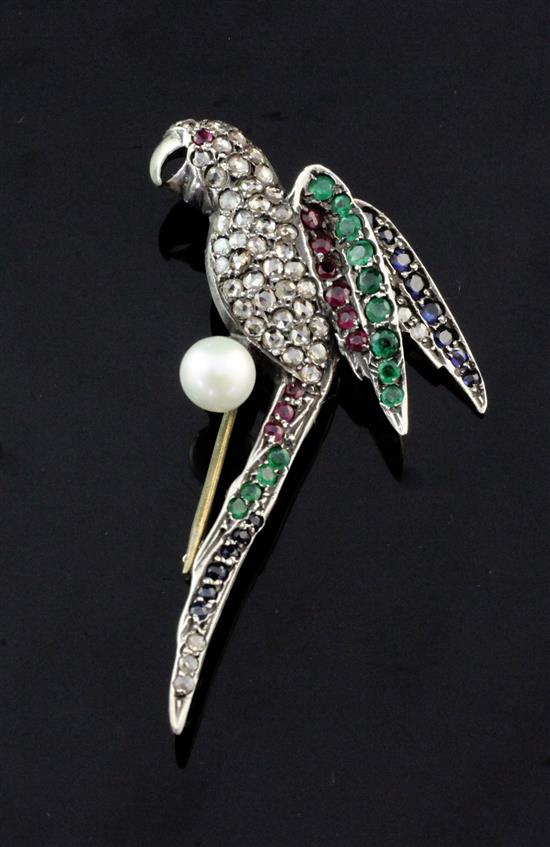 A mid 20th century gold, cultured pearl and gem set brooch, modelled as a parrot, 2in.